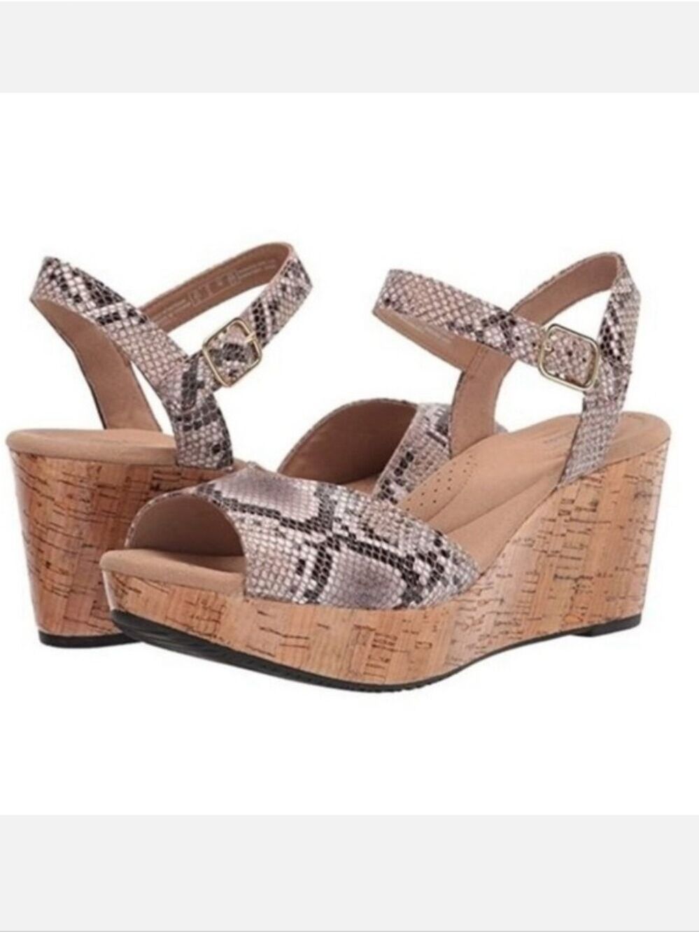 Clarks Annadel Mystic Natural Snakeskin Open Toe Cork Wedges, Size 6